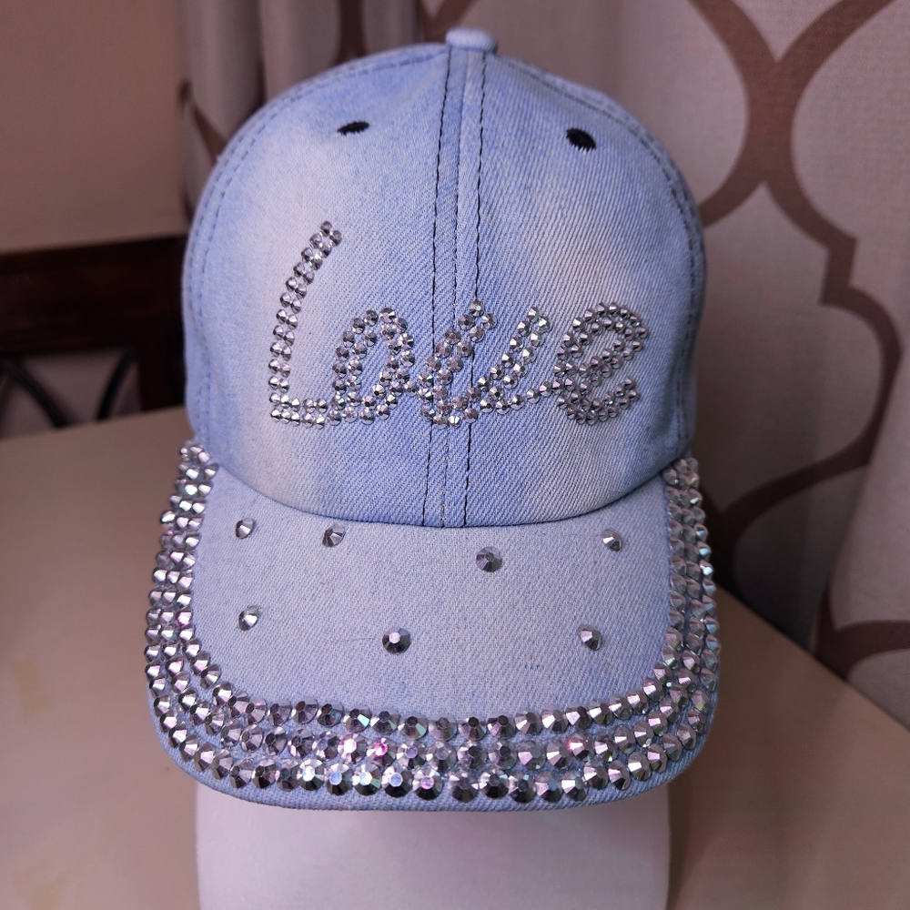 Denim LOVE Bling Embellished Hat Light Blue Denim Adjustable NWT OSFM